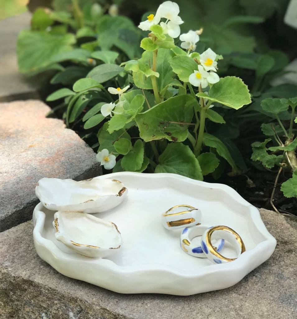 Soap/Jewelry Dish, Gold Highlights ($25), Ceramic Rings ($25 each) - Pam Anderson